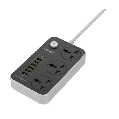 Power strip with multiple sockets and USB ports on a white background