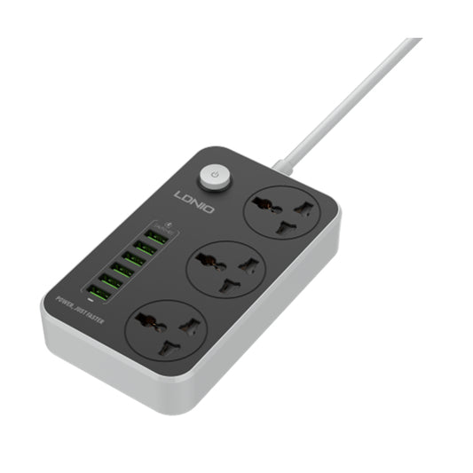 Power strip with multiple sockets and USB ports on a white background