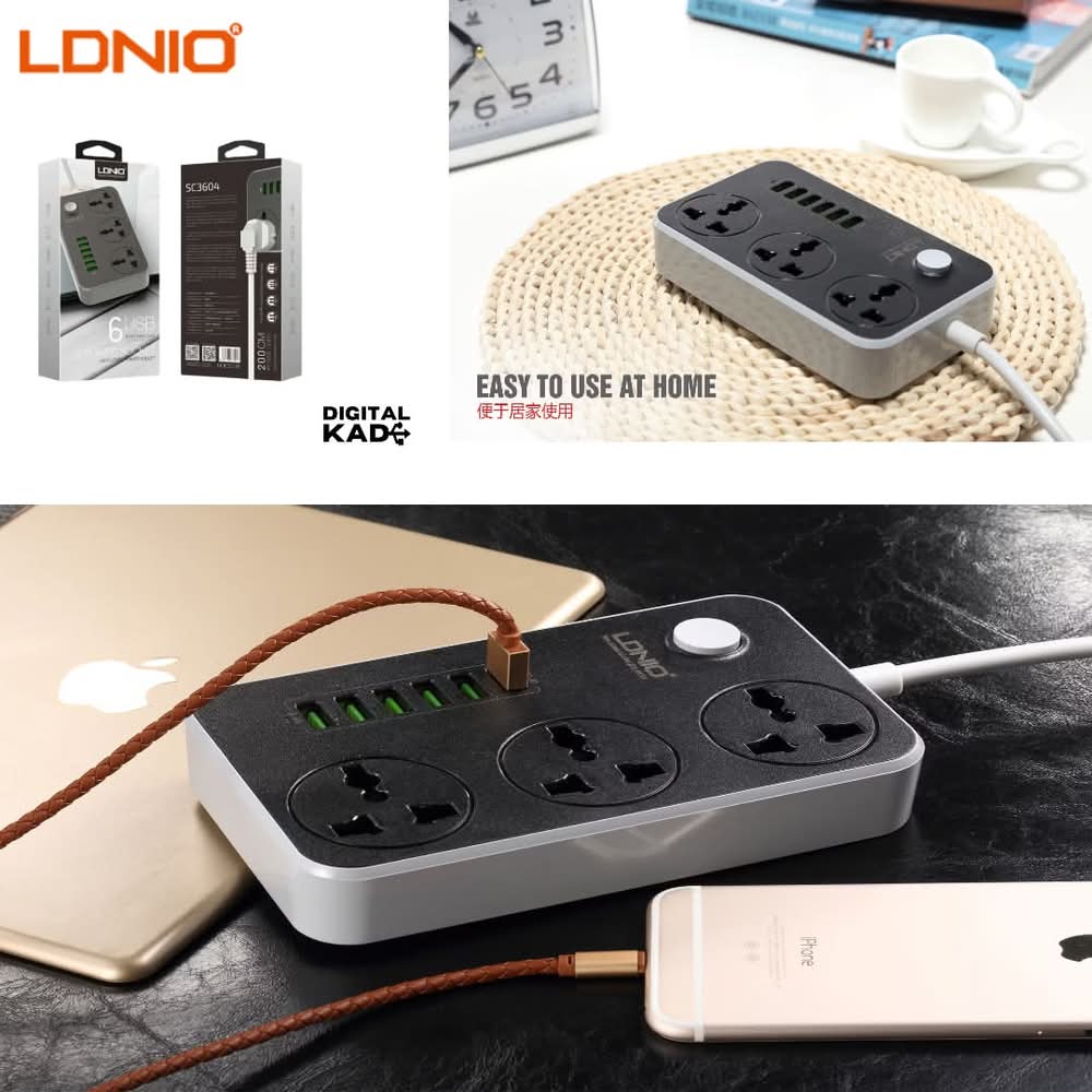Power strip with multiple outlets and USB ports on a desk, with LDNIO branding.