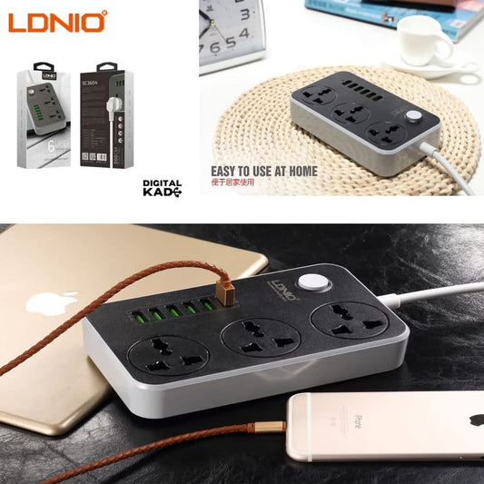 Power strip with multiple outlets and USB ports on a desk, with LDNIO branding.