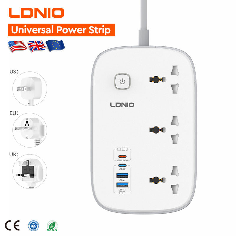 LDNIO universal power strip with multiple plug types on a white background