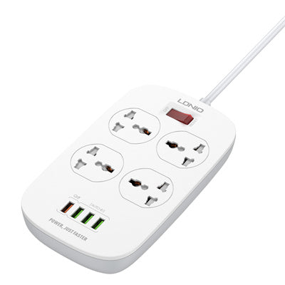 White power strip with multiple sockets and USB ports on a white background