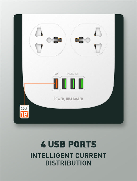 Power adapter with 4 USB ports on a gray background