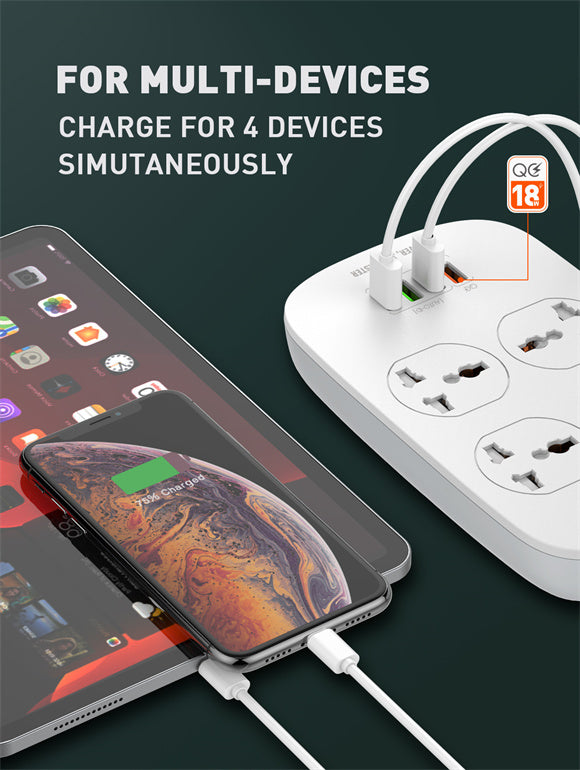 Power strip with multiple outlets and charging cables for smartphones, with text indicating it charges four devices simultaneously.