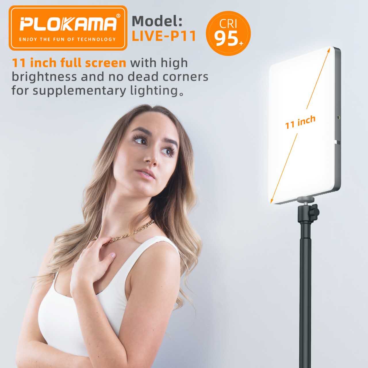 A woman using a PLOKAMA LED fill light panel with a dimmer switch, showcased as a live streaming clothes light. The panel is white, and the woman is standing beside it, holding it or adjusting it.