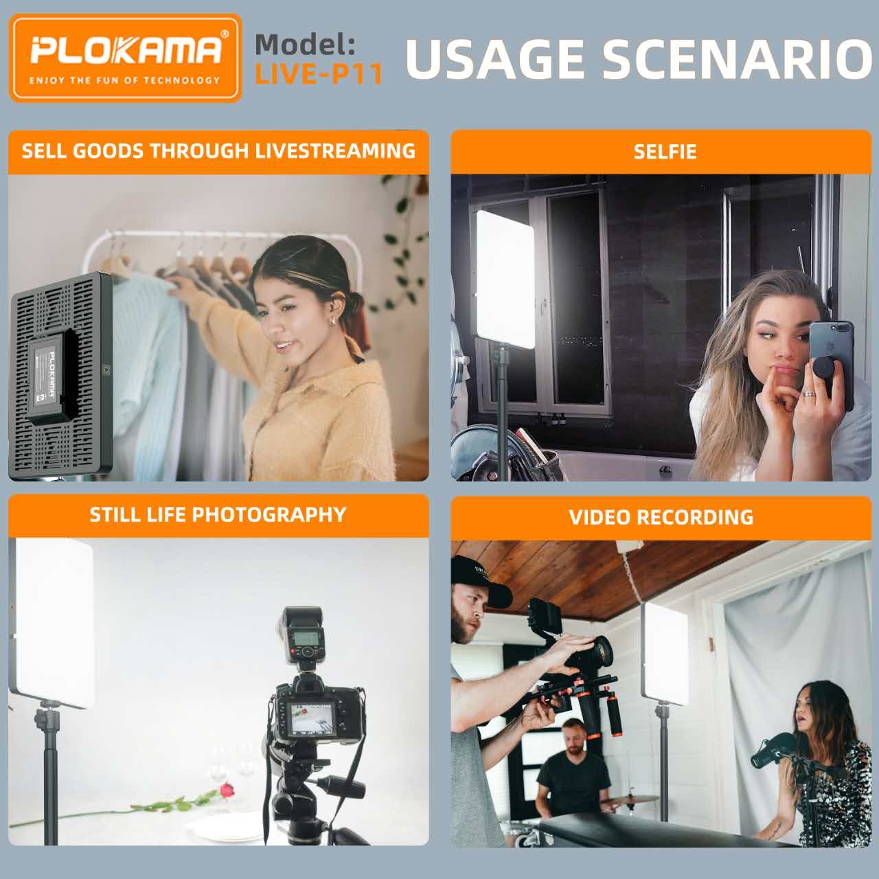 A collage of images showing a PLOKAMA LED fill light panel in various application scenarios. This includes settings for selfie, still life photography, and video recording, featuring both warm and cool lighting options.