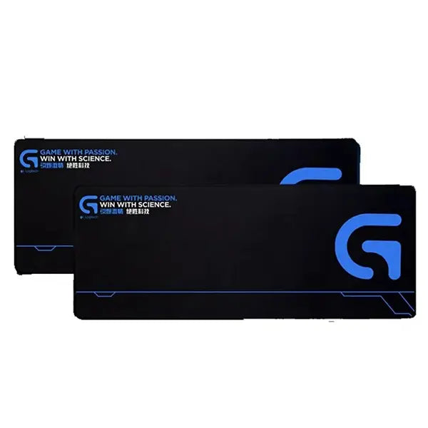 Two black gaming mouse pads with blue logos on a white background