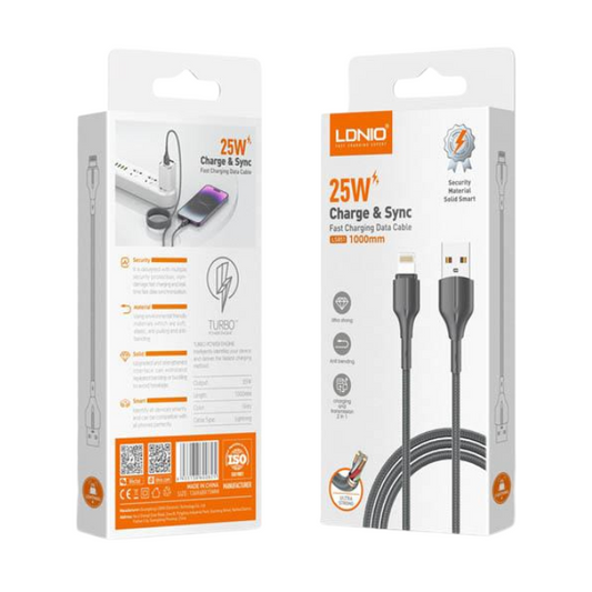 ldnio 25W charge and sync cable packaging on a white background