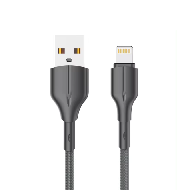 Black USB cable with one end compatible with a USB connector and the other with a Lightning connector on a white background.