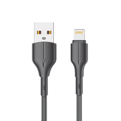 Black USB cable with one end compatible with a USB connector and the other with a Lightning connector on a white background.