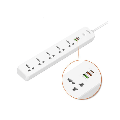 White power strip with multiple outlets and USB ports on a white background