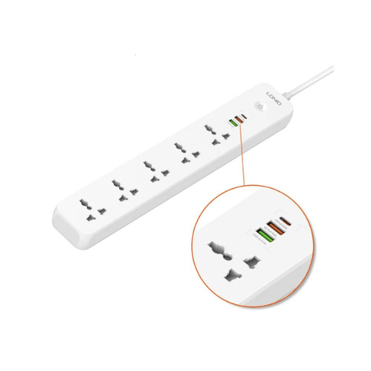 White power strip with multiple outlets and USB ports on a white background