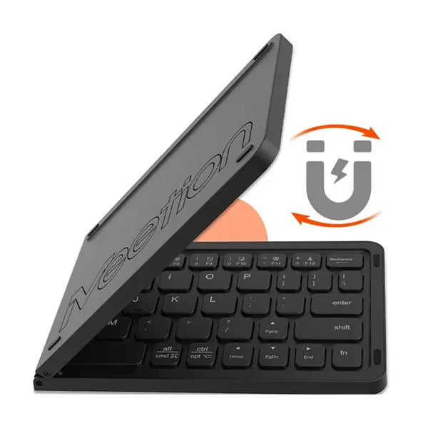 Black keyboard case with magnetic attachment feature on a white background