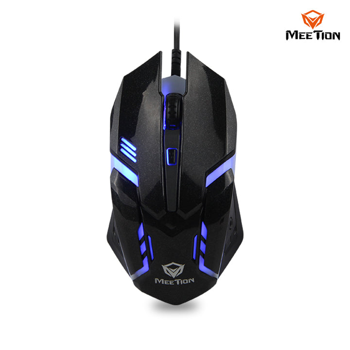 Black gaming mouse with blue LED lights on a white background, featuring the Meetion brand.