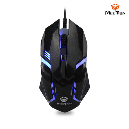 Black gaming mouse with blue LED lights on a white background, featuring the Meetion brand.