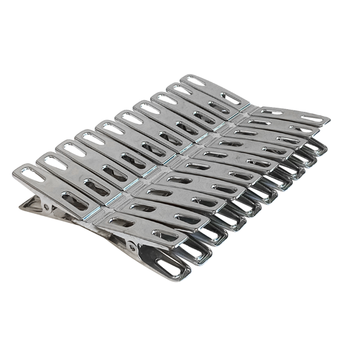 Set of metal clothespins on a white background