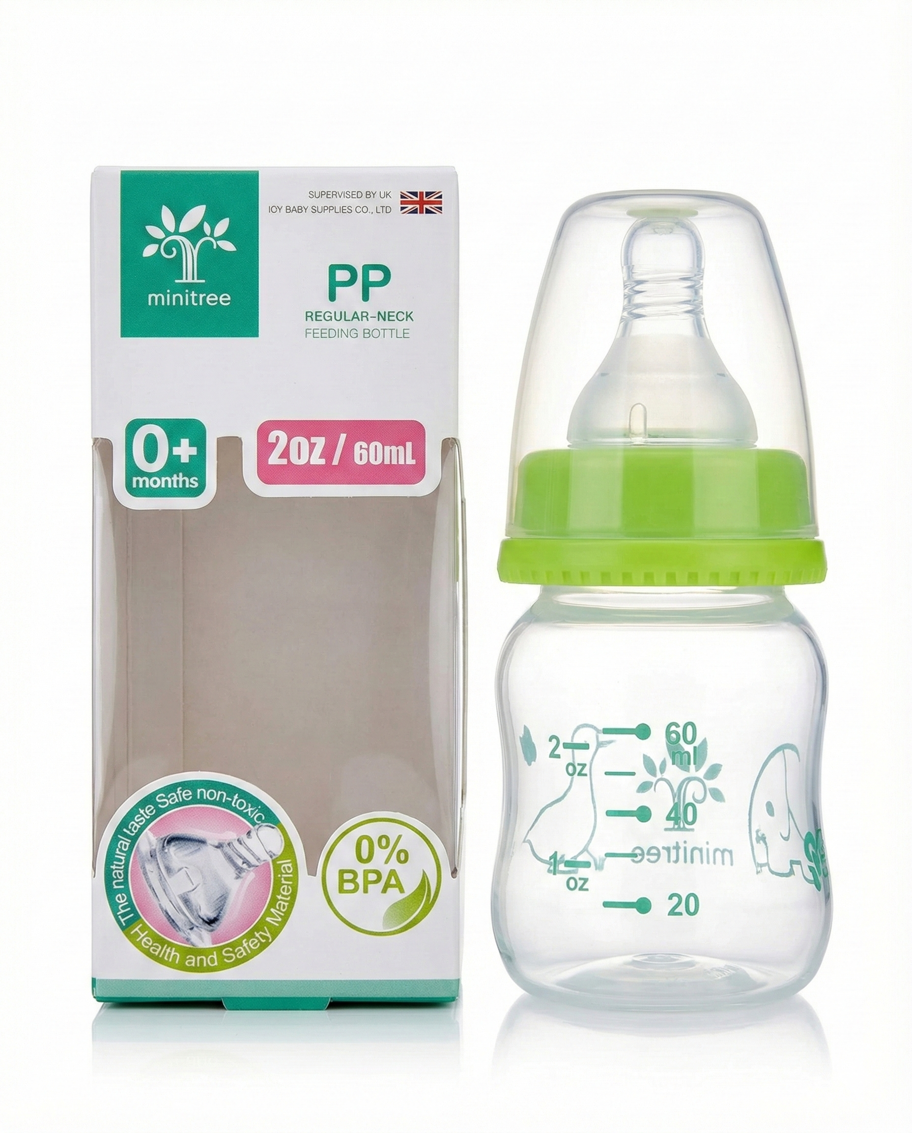 Baby bottle with green cap and packaging displaying 'minitree' brand on a white background