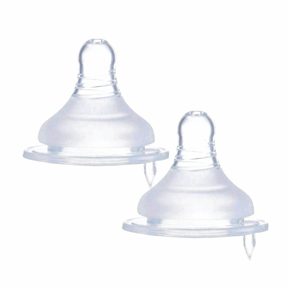 Two clear silicone bottle nipples on a white background