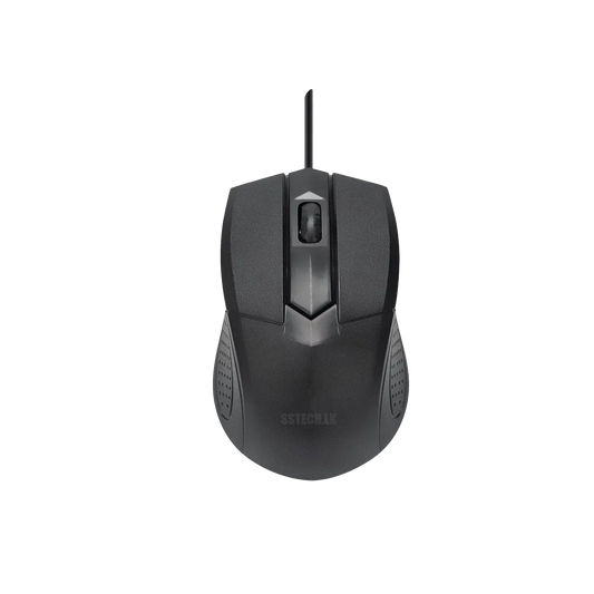 Black computer mouse with a visible brand logo on a white background