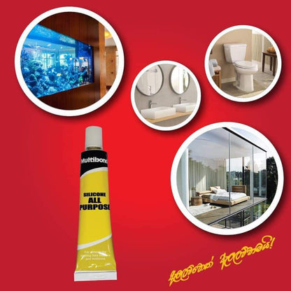 Multibond All Purpose silicone sealant tube with bathroom scenes on a red background