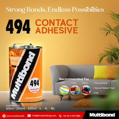 Multibond 494 contact adhesive can with a sofa and plant in the background on a yellow wall.