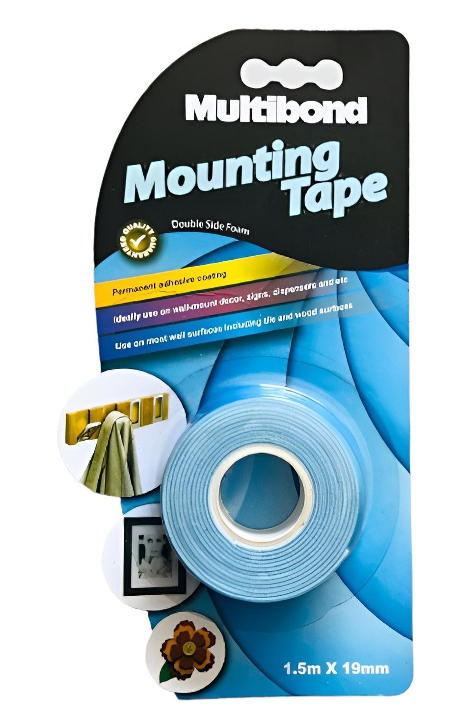 Multibond mounting tape packaging with blue and black design