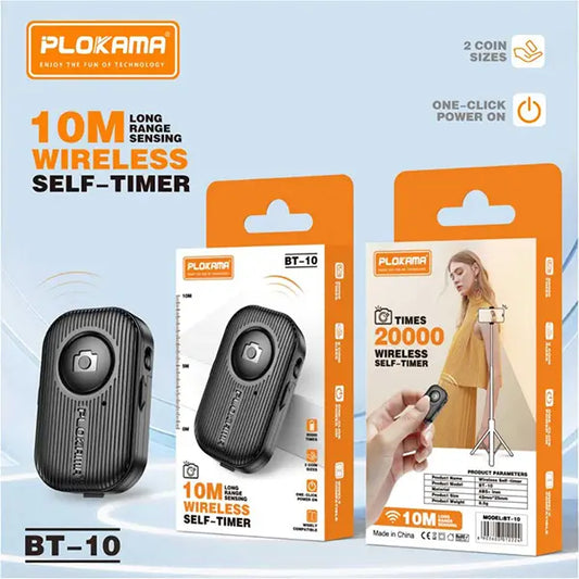 Plokama BT-10 wireless self-timer packaging with product and features highlighted on a light blue background.