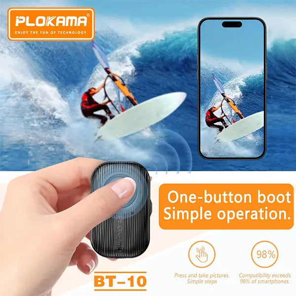 Surfer on a wave with a phone showing the same scene, hand holding a device labeled BT-10, and Plokama branding.