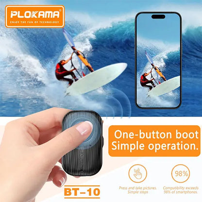 Surfer on a wave with a phone showing the same scene, hand holding a device labeled BT-10, and Plokama branding.