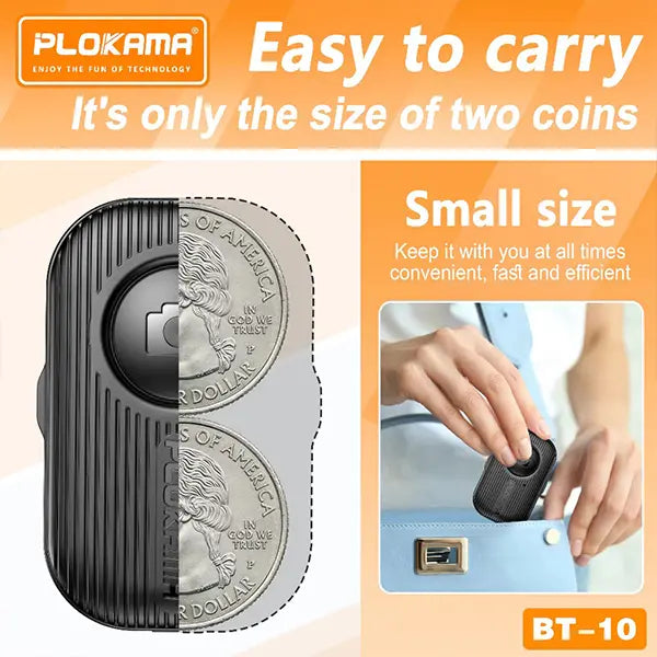PLOKAMA product comparison with a coin, labeled 'Easy to carry, only the size of two coins', with text 'Small size' and 'Keep it with you at all times'.