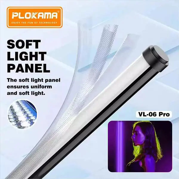PLOKAMA soft light panel with text and product image on a light blue background