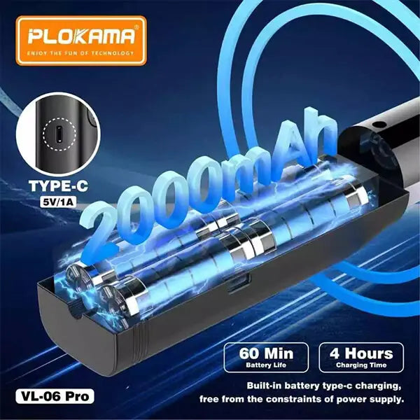 PLOKAMA battery pack with 2000mAh capacity and charging details on a blue background