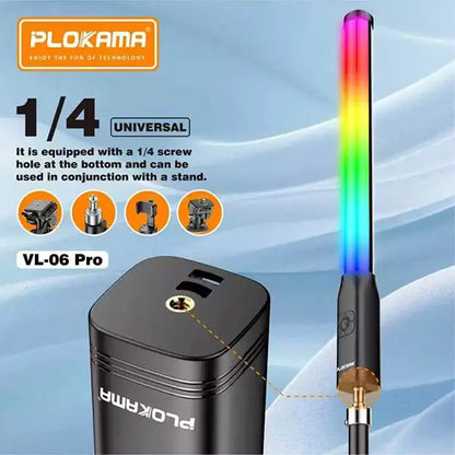 PLOKAMA VL-06 Pro LED light stick with rainbow color on a blue gradient background