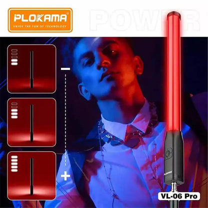 Red light stick with PLOKAMA branding and user interface display on a dark background.