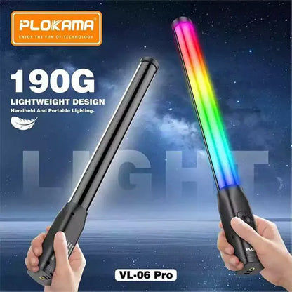 Two LED light sticks with colorful lighting effects against a starry sky background, featuring the Plokama brand.