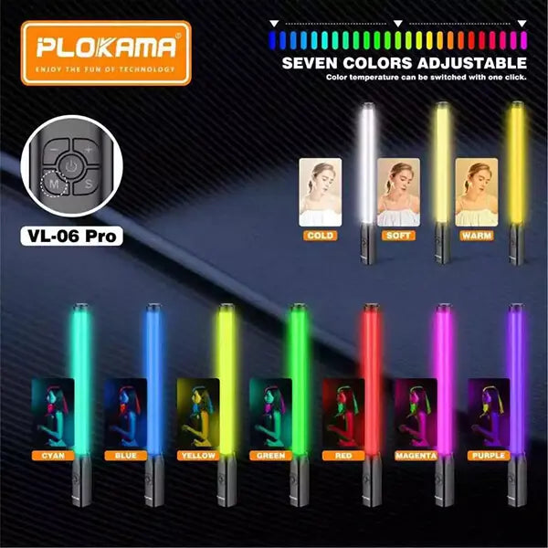PLOKAMA VL-06 Pro LED light stick with color adjustment options on a dark background