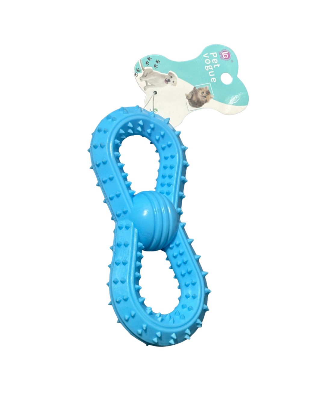 Blue pet toy with a tag showing a cat on a white background
