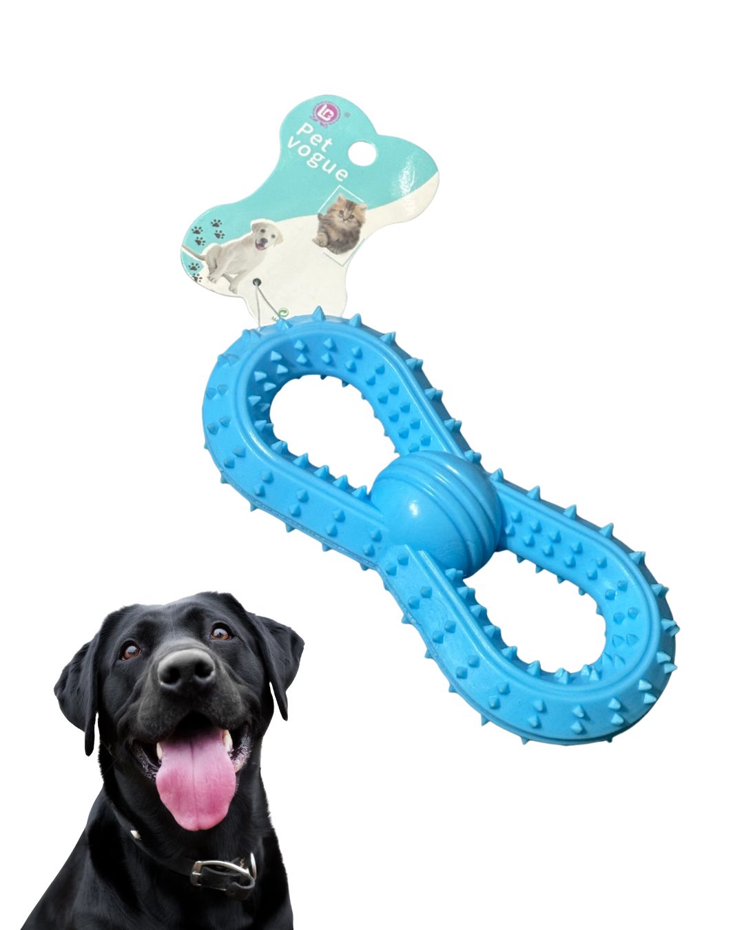 Blue dog toy with a black dog and brand label in the background