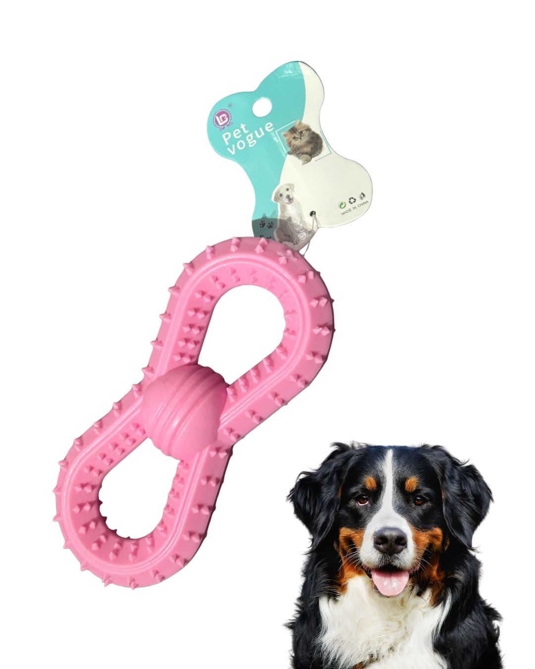 Pink dog toy with a dog and packaging on a white background