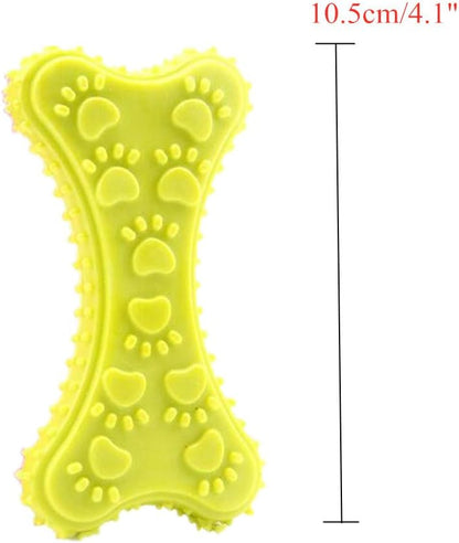 Yellow bone-shaped dog toy with paw prints and measurements on a white background