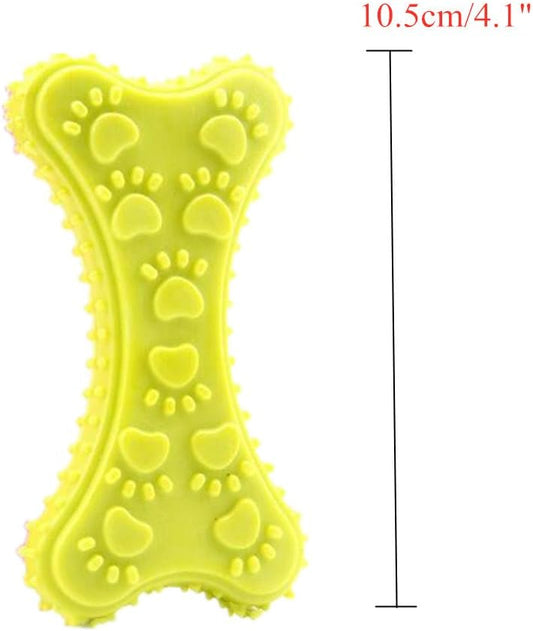 Yellow bone-shaped dog toy with paw prints and measurements on a white background