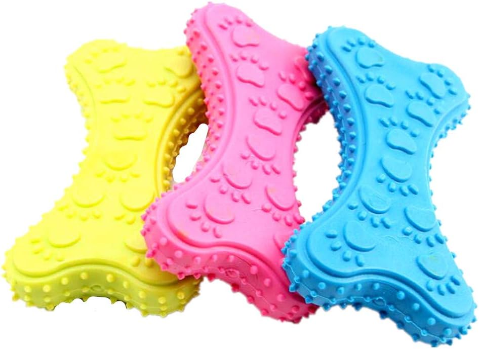 Three colorful dog toys shaped like bones on a white background