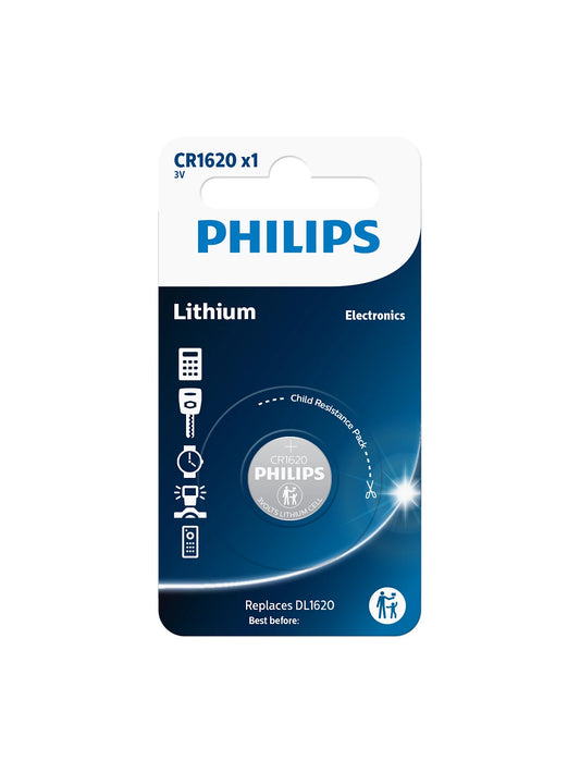 Philips CR1620 3V Lithium Button Cell Battery - 2 Piece