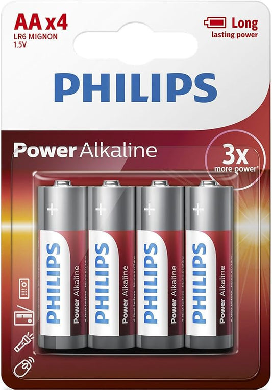 Pack of Philips Power Alkaline batteries with four batteries inside on a red and white background.