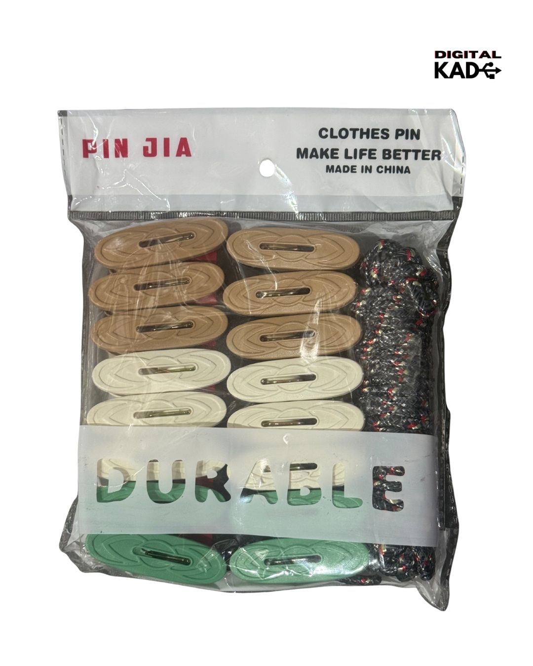 Packaged clothespins with visible brand name 'PIN JIA' on a white background.