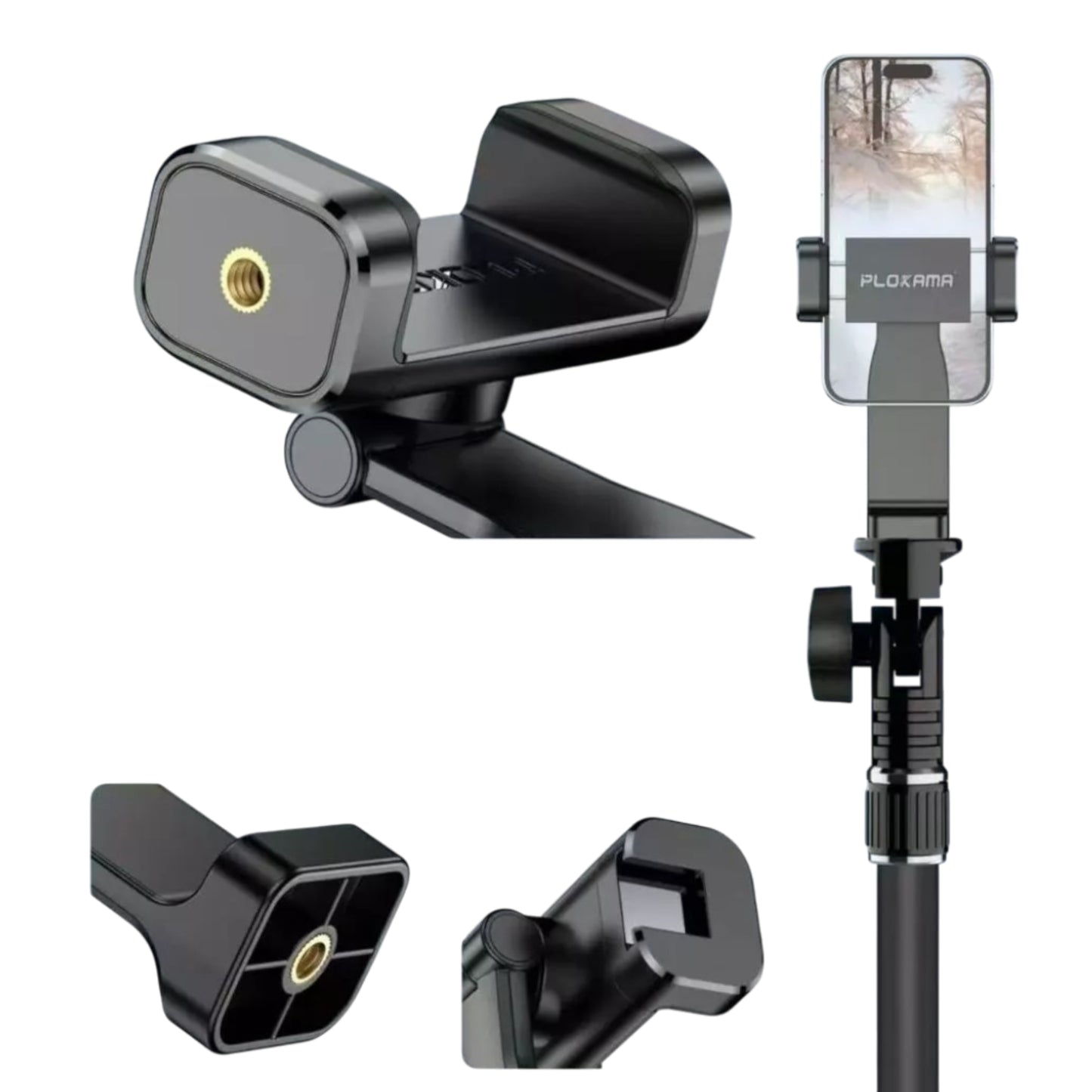 Phone holder with adjustable arm and car mount on a white background