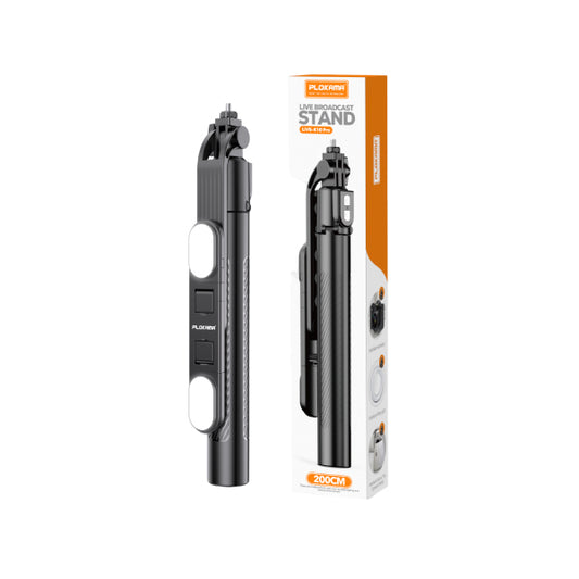 Plokama Live-K10 Pro Live Broadcast Stand with adjustable height and angle, including a selfie stick and packaging.