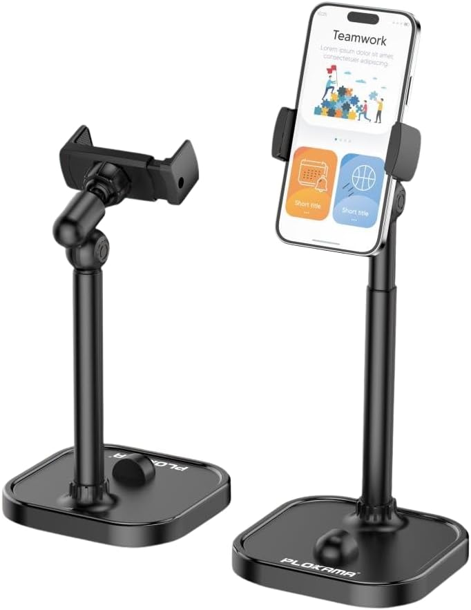 Two black phone stands with a smartphone displaying a 'Teamwork' app on a white background.