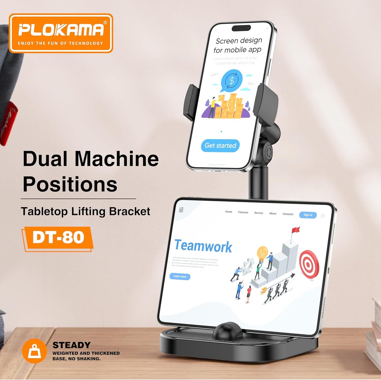 Tabletop lifting bracket with dual machine positions for tablet and smartphone, featuring Plokama branding.