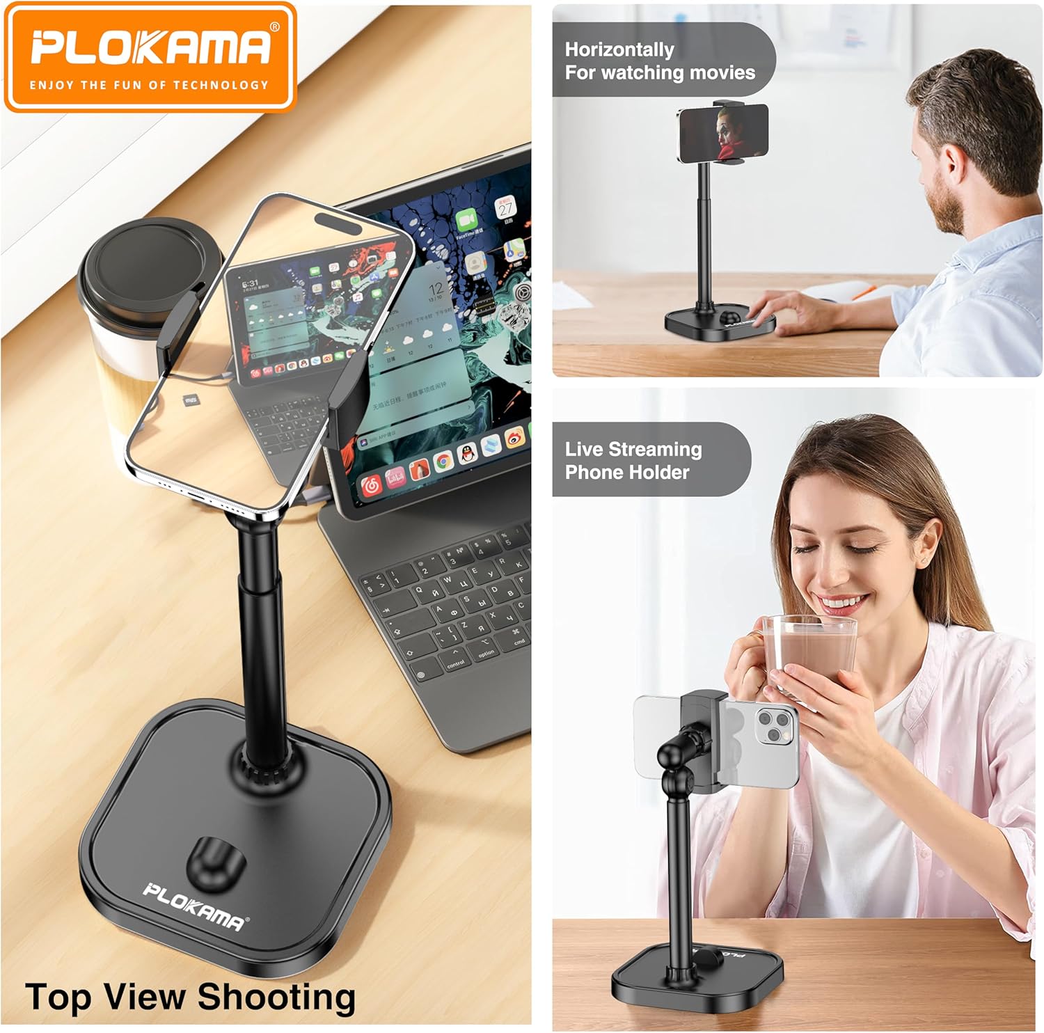 PLOKAMA phone holder with various uses on a desk and being used by a woman.